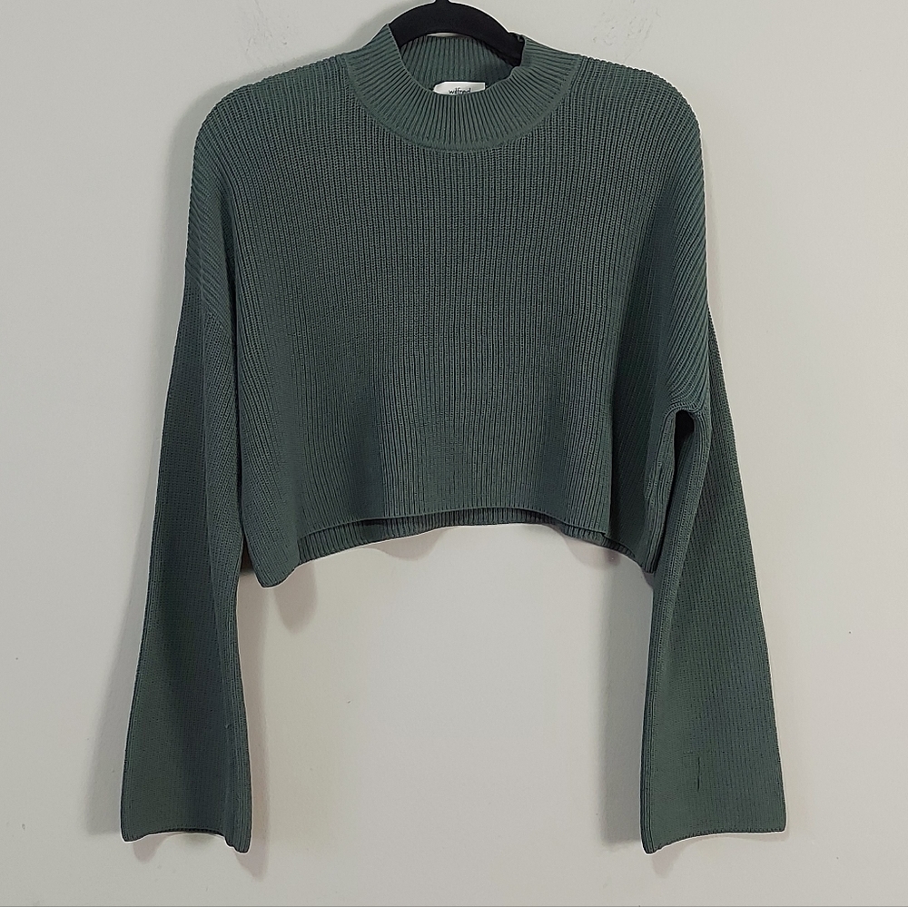 Aritzia Wilfred Salome Sweater Small Green Gray Rib  Knit Cropped Drop Shoulder - Picture 2 of 13